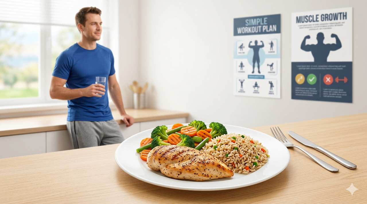 Balanced meal with protein, carbs, and vegetables, representing simple workout plan muscle growth and weekly workout plan beginners