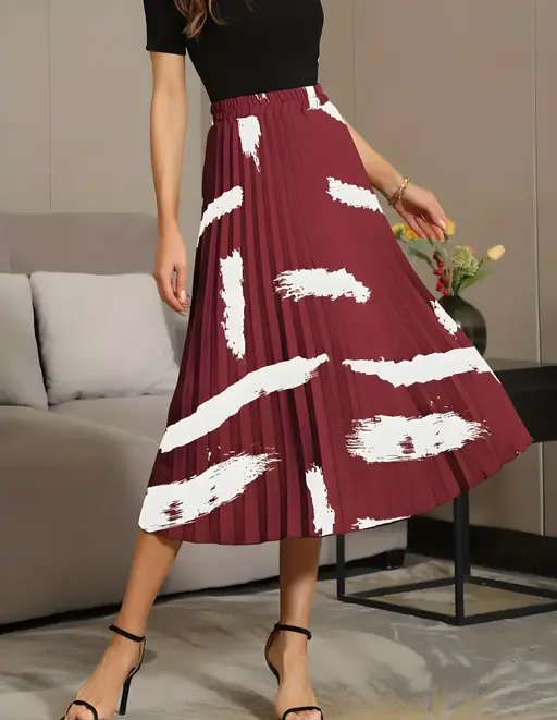 Skirt For Women | Brush Print Pleated Skirts, Vintage Elastic Waist Midi Skirts, Women's Clothing(Premium Quality) Color6 (R230)