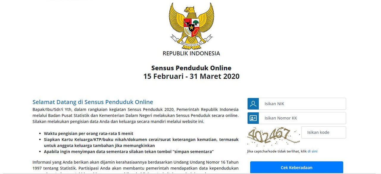 Tangkapan layar halaman depan Sensus Penduduk 2020