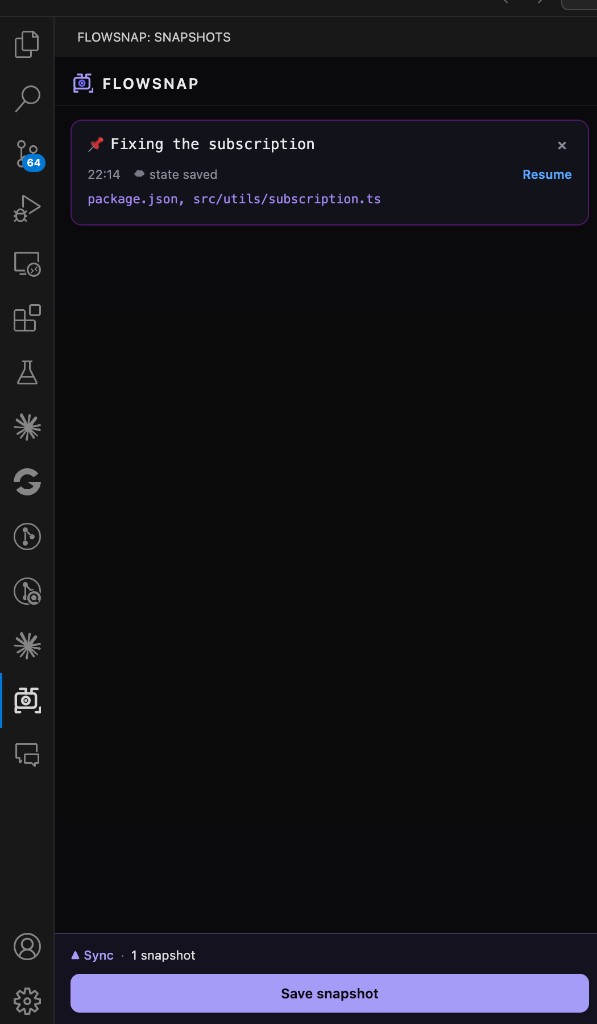 FlowSnap sidebar: snapshots list, sync status, and Save snapshot