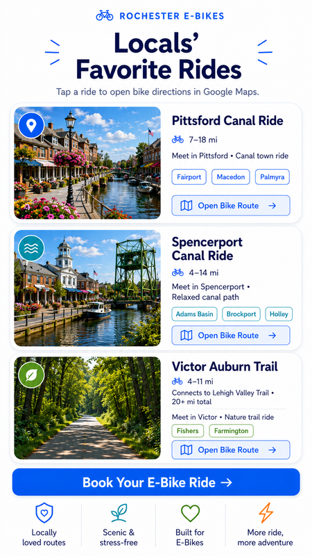 Rochester E-Bikes locals favorite rides with bike route links and booking button
