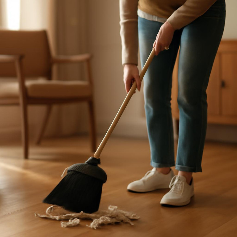 Подготовка к мытью пола: удаление мусора и расстановка мебели