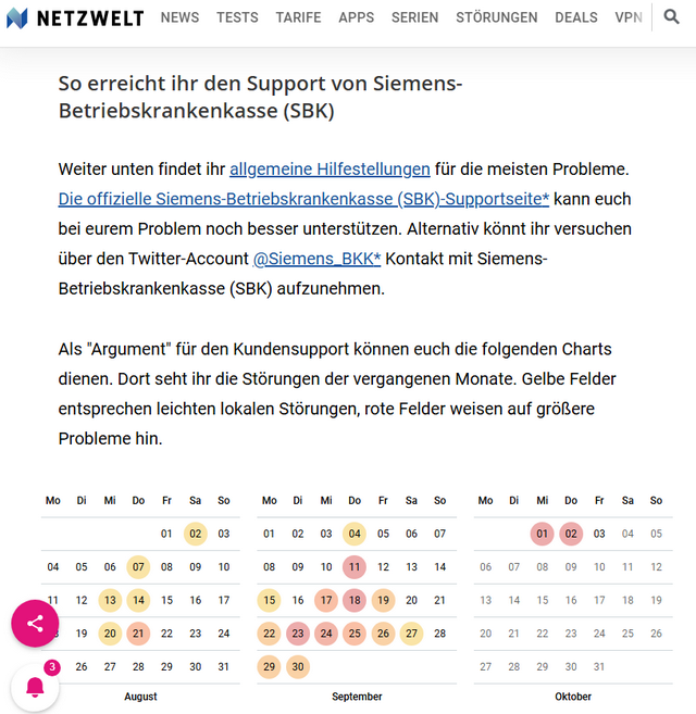 Störungen Siemens Betriebskrankenkasse (SBK) 8-10.2025