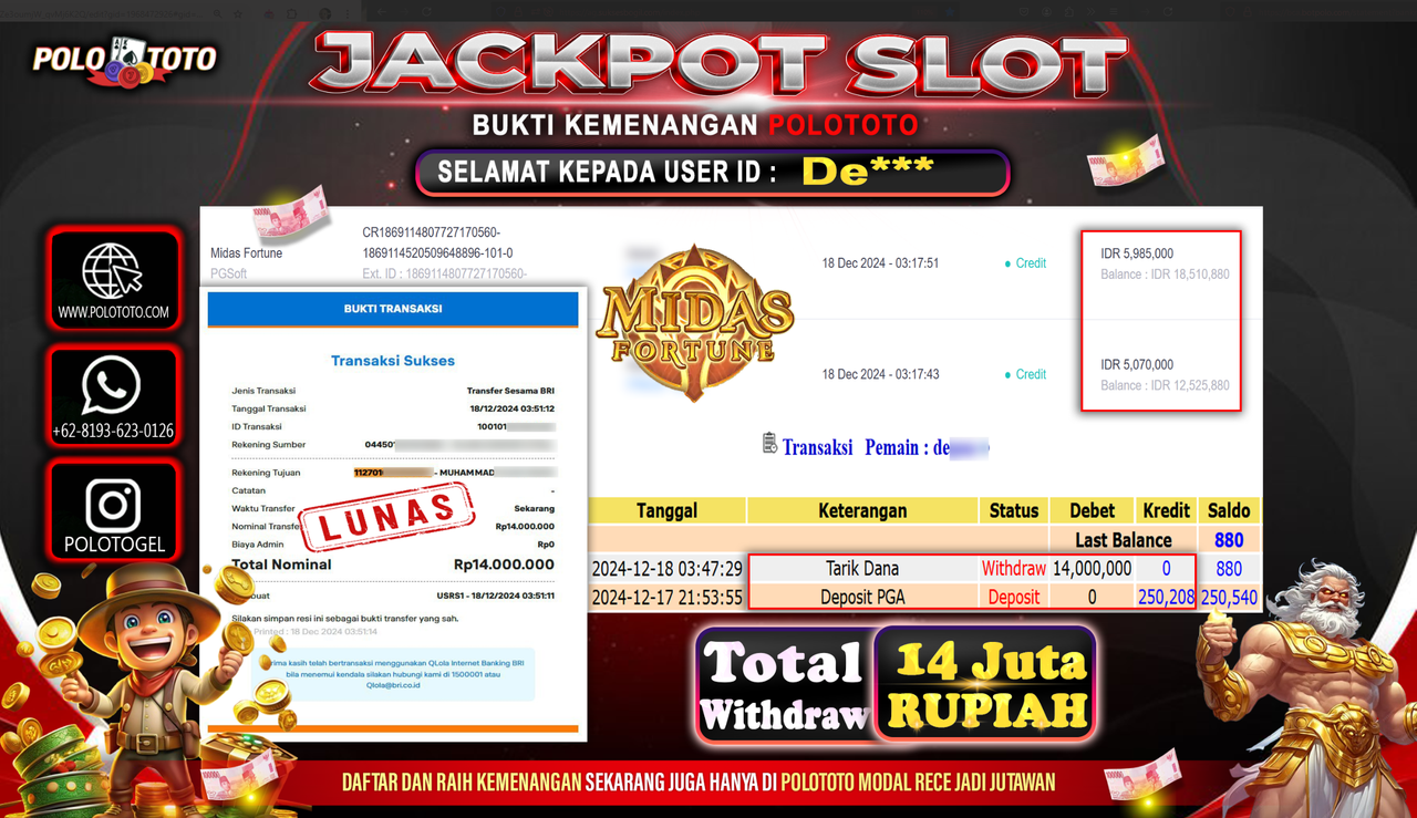 POLOTOTO JACKPOT SLOT MIDAS FORTUNE Rp.14,000.000,-