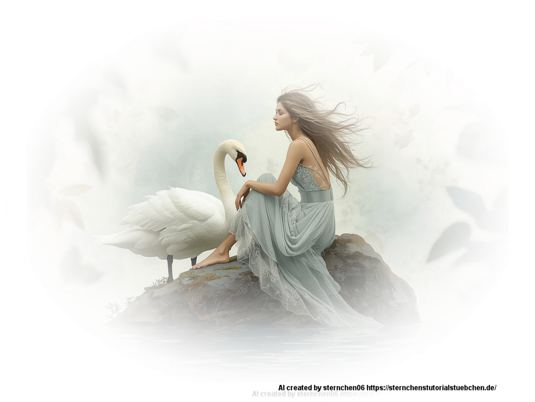 woman sitting on a stone with swan by her side, aquarellpainting (3)