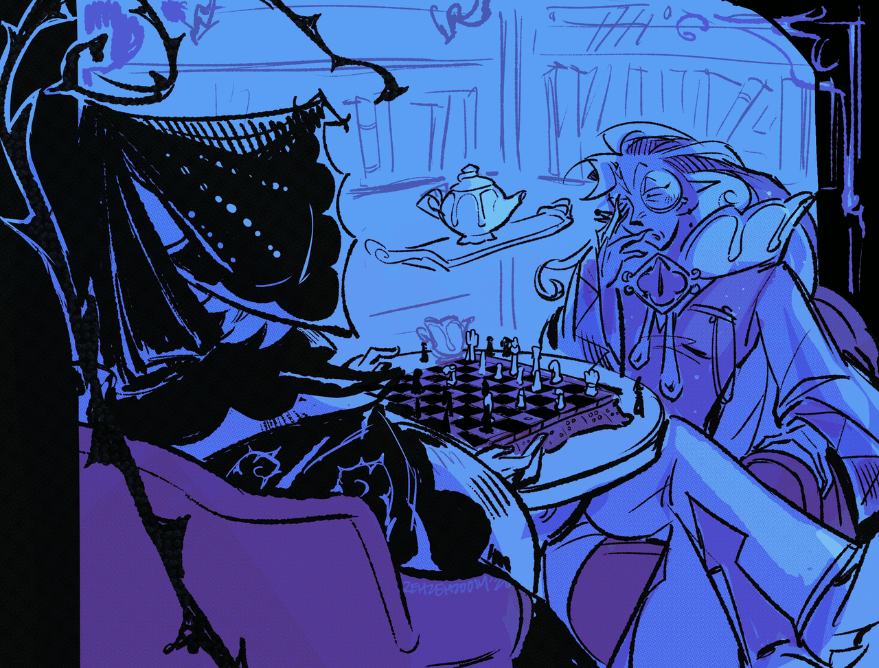Sage and Recluse sit at the chessboard together, the Sage looks deep in thought.