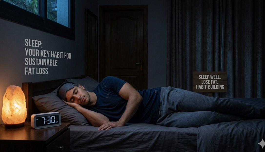 Person sleeping peacefully in a dark bedroom with alarm clock showing morning, representing sleep as a key habit for sustainable fat loss and long term fat loss strategies