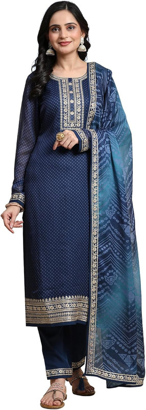 Trendmalls Chiffon Embroidery Bandhani G248 Blue M