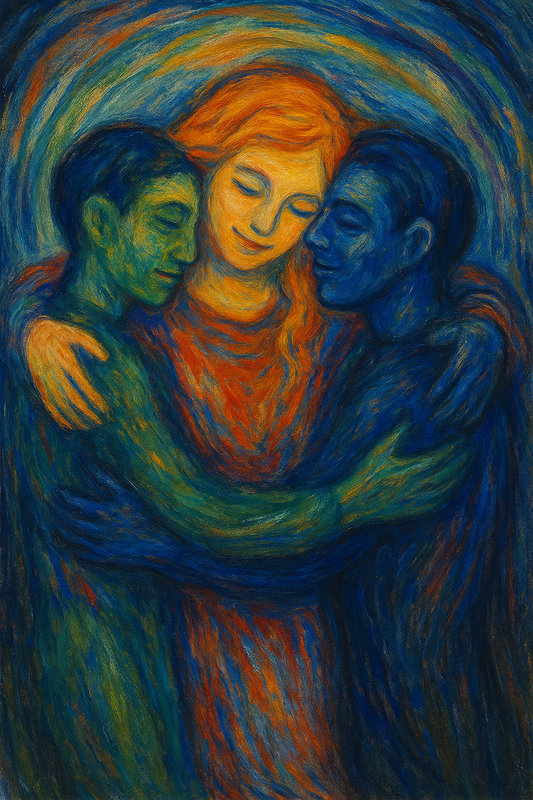 Expressionist scene of human harmony—figures embracing beneath a cosmic sky