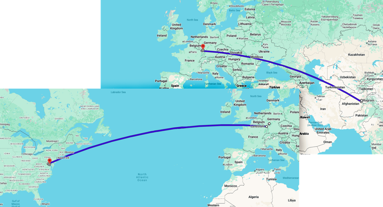 two images from Google Maps showing the route from Afganistan to Landstuhl Germany and then from Germany to the US, the route Jack takes when he is injured in combat