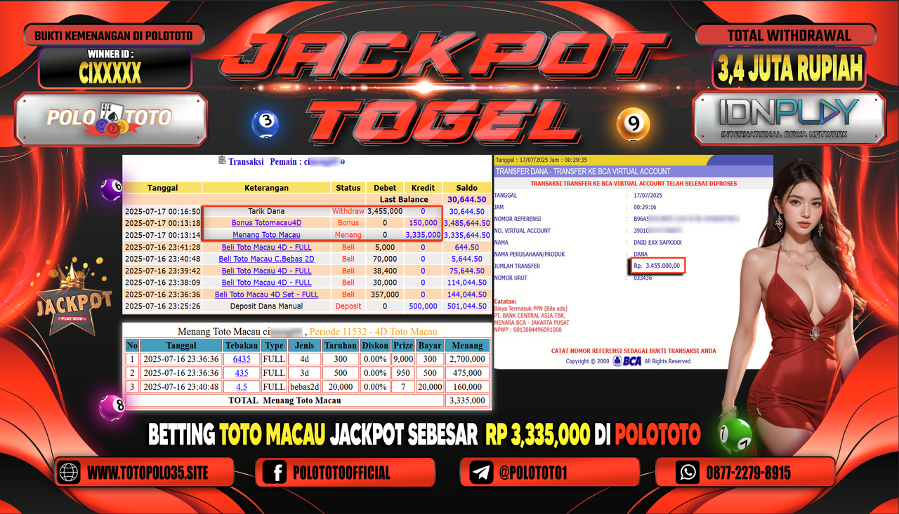 POLOTOTO JACKPOT TOGEL TOTO MACAU Rp.3.400.000,- LUNAS