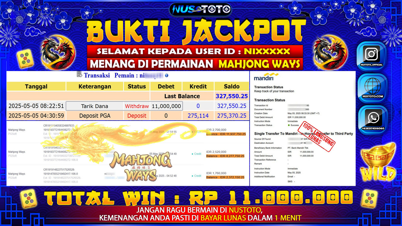 JACKPOT !! MENANG BESAR DI MAHJONG WAYS Rp. 11.000.000 LANGSUNG DI BAYAR LUNAS NUSTOTO !!