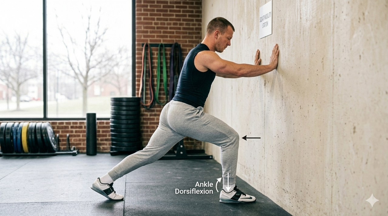 Athlete performing ankle rocker stretch against wall with knee touching, demonstrating ankle dorsiflexion mobility for best mobility exercises for deeper squats