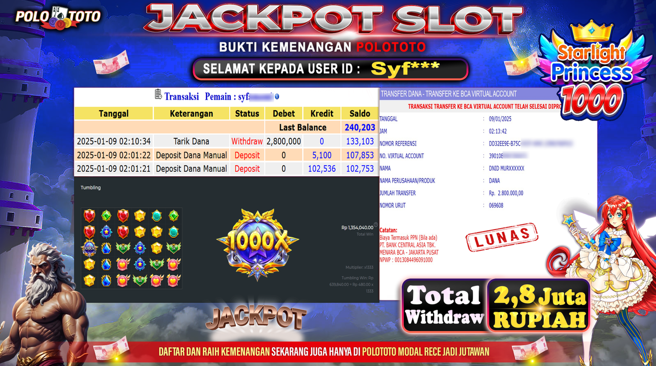 POLOTOTO JACKPOT SLOT STARLIGHT PRINCESS 1000 Rp.2,800.000,-