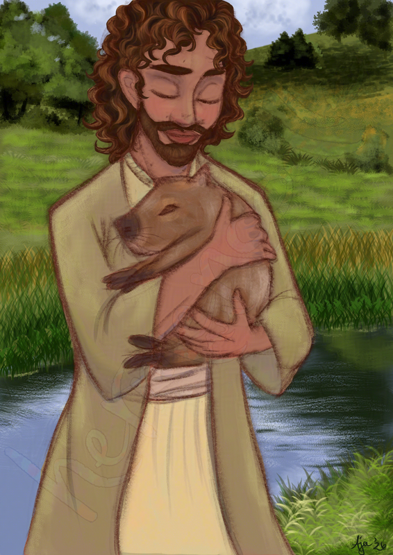 Jesus holds a capybara in a pasture with trees, a creek, and light clouds in a naturalistic setting.