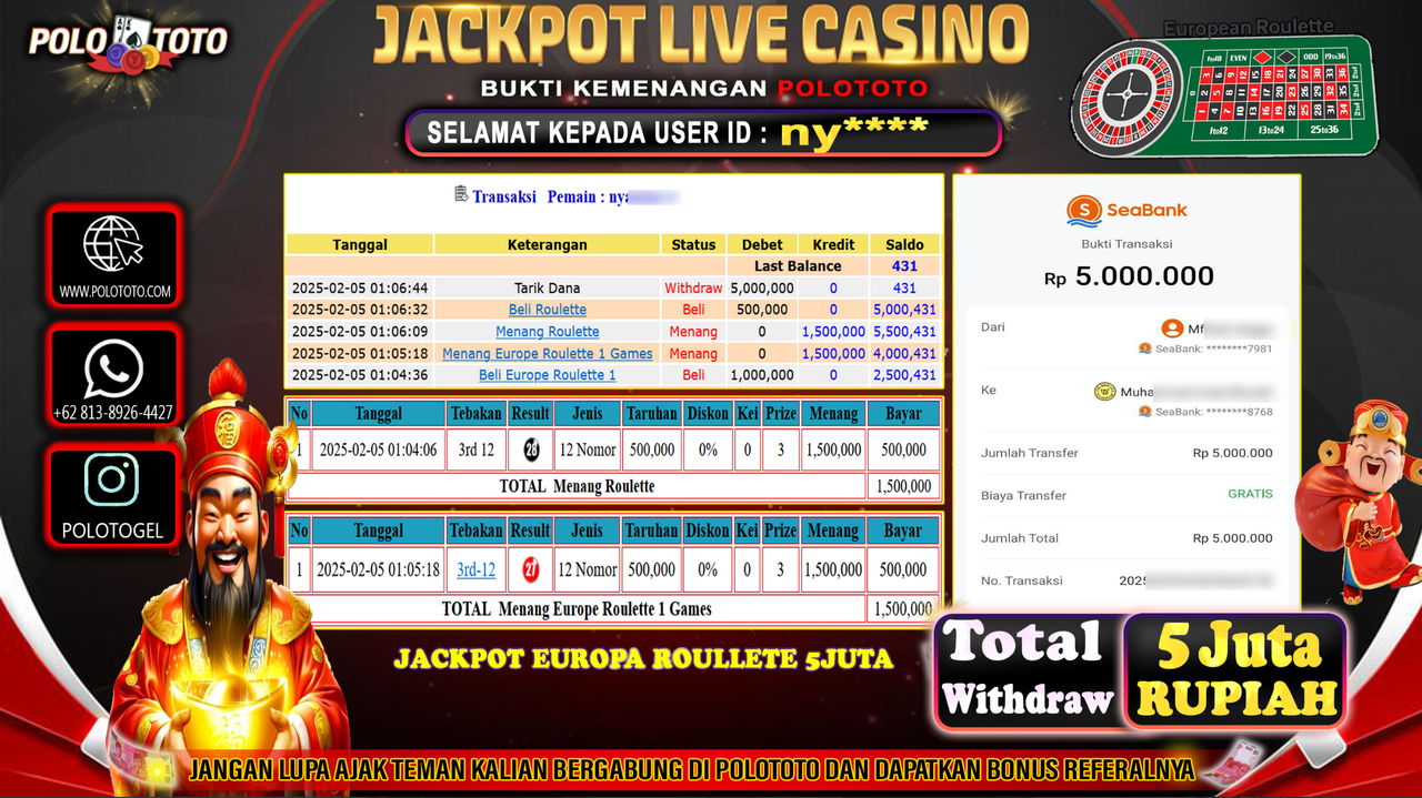 POLOTOTO JACKPOT LIVE CASINO ROULETTE Rp5,000.000,-