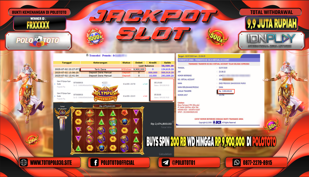 POLOTOTO JACKPOT SLOT GATES OF OLYMPUS SUPER SCATTER Rp.9.900.000,-