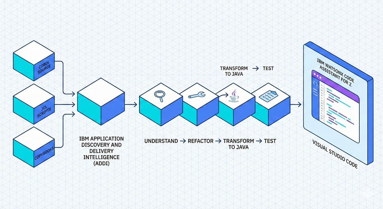 Technical diagram: IBM ADDI scanning COBOL and JCL feeding into IBM watsonx Code Assistant for Z pipeline steps Understand Refactor Transform Test