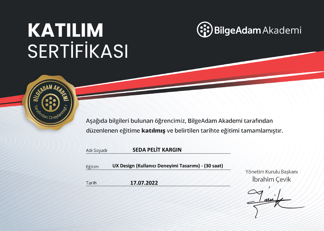 SEDA PELİT KARGIN KATILIM SERTİFİKASI