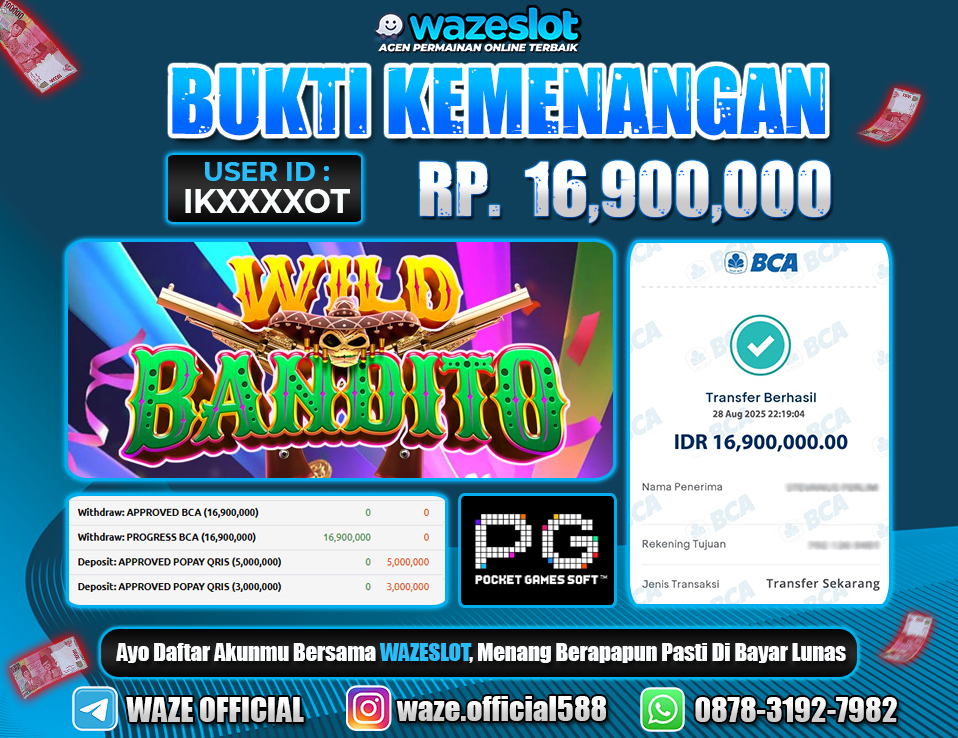 BUKTI KEMENANGAN 29 AGUSTUS 2025 GAME WILD BANDITO ( PG SOFT )