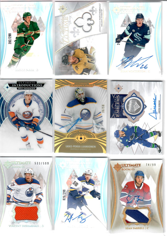 2023-24 Ultimate Collection Sean Farrell RPA #111 #d 74 of 99, Akito Hirose auto, Ukko-Pekka Luukkon