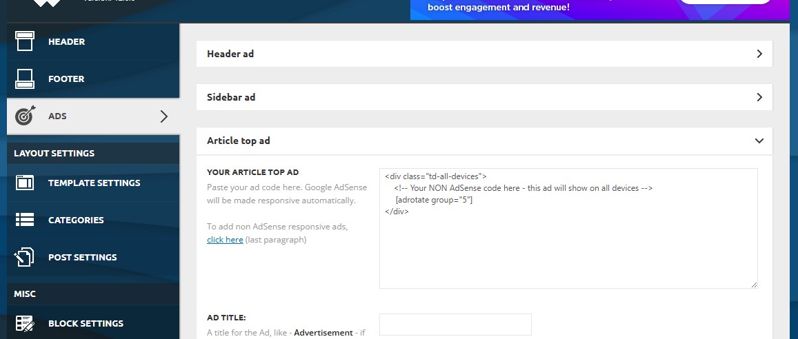 ads in theme panel