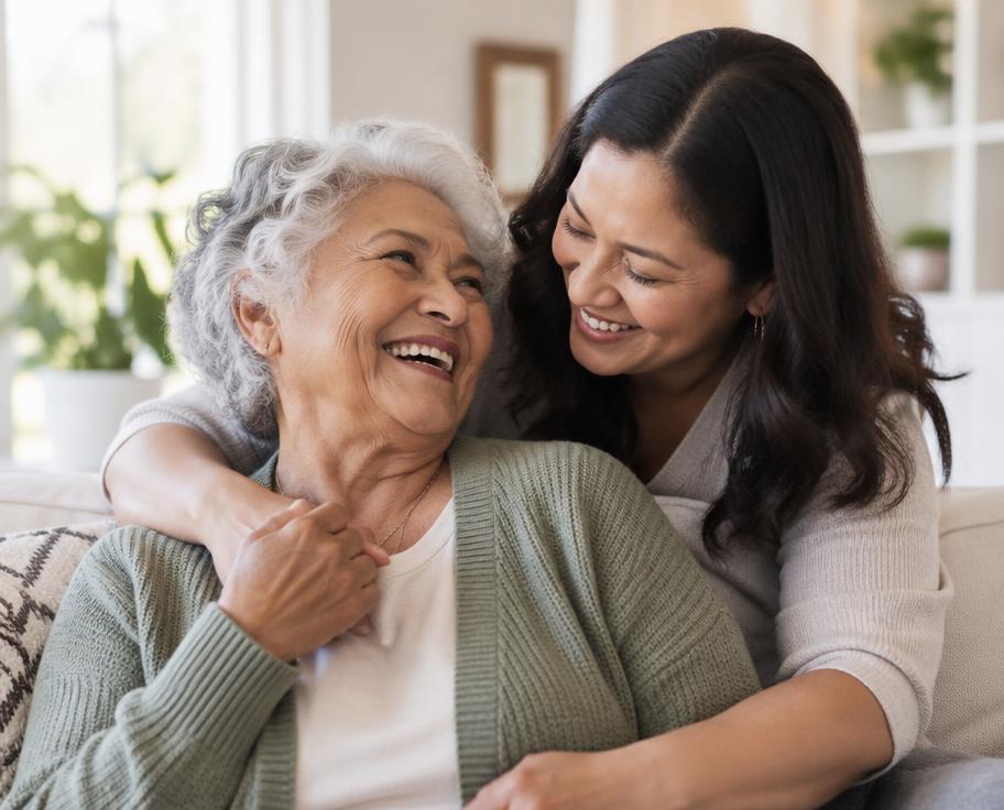 An older woman laughing with a family caregiver