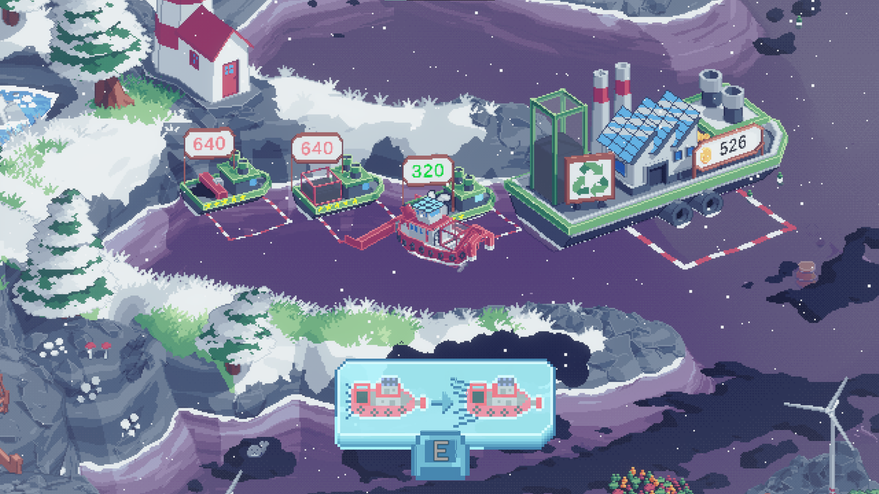 scene depicting boats docked at a recycling center in a polluted water area, with a nearby factory and snowy landscape detail