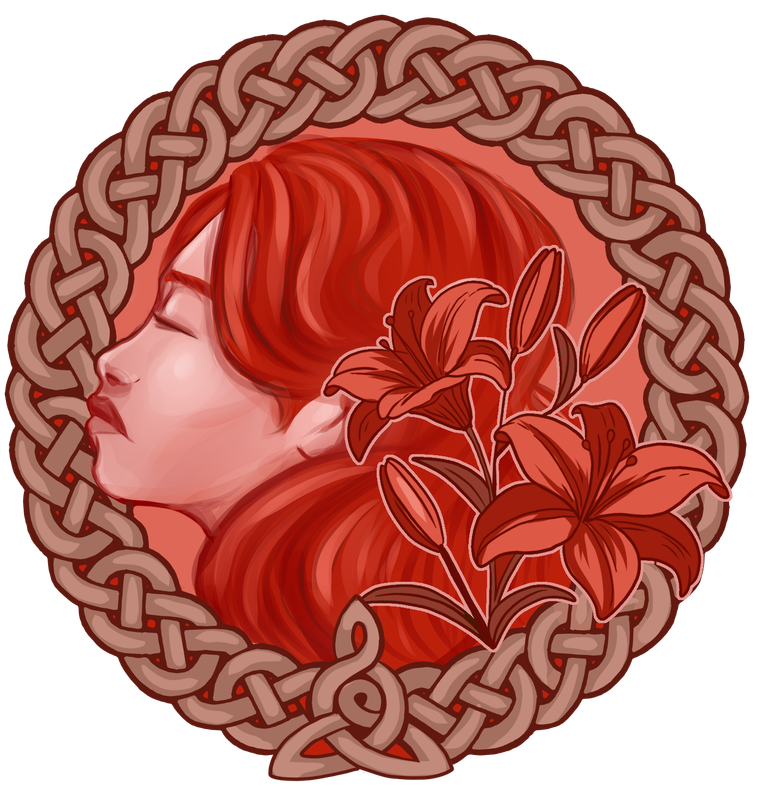 A red hued portait of Lily Potter in side profile, with Tiger lilies in the foreground. It is surrounded by a celtic knot frame with a mother's knot at the centre