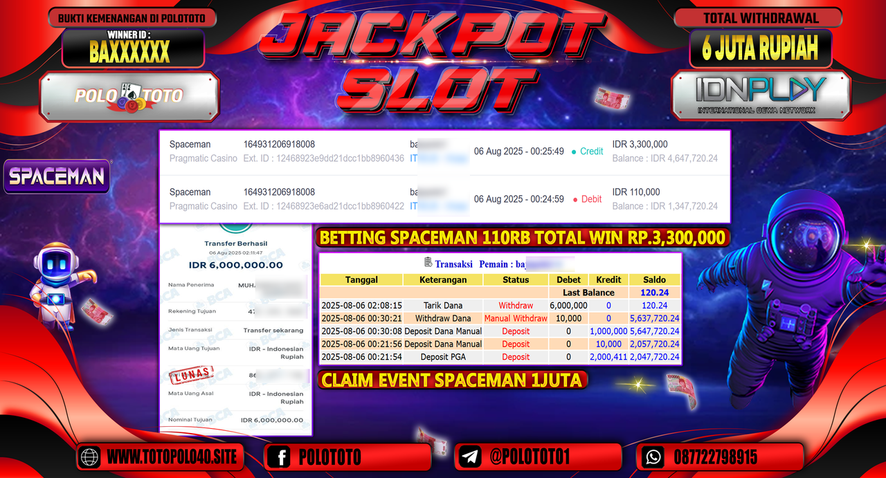 POLOTOTO JACKPOT SLOT SPACEMAN Rp.6.000.000,-LUNAS