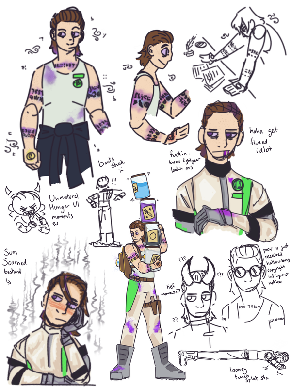assorted drawings of Durian, showing their spacesuit, their tattoos,and some of them doing thaumcraft activities
