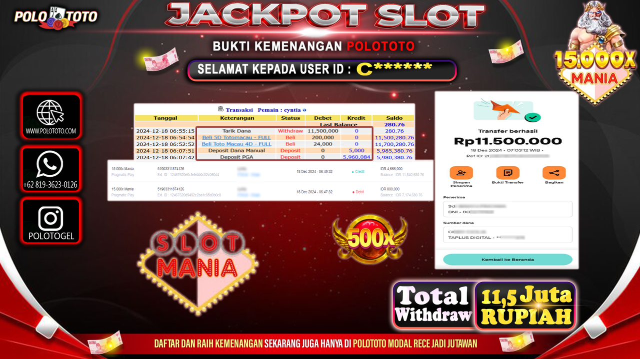 POLOTOTO JACKPOT SLOT 15.000x MANIA Rp.11,500.000,-
