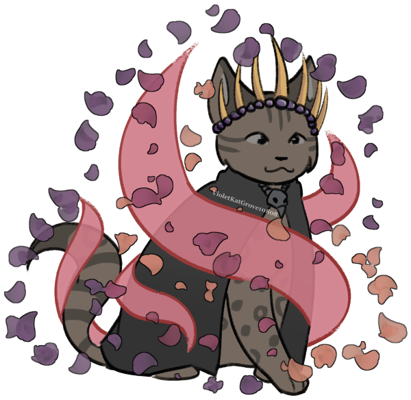 a illustration of Calamity Ganon (Cat ID 91682) Sitting proudly with red magic and colorful petals surrounding them. they are wearing a black clock with a bird skull charm and a copper spiked crown decorated with purple beads.