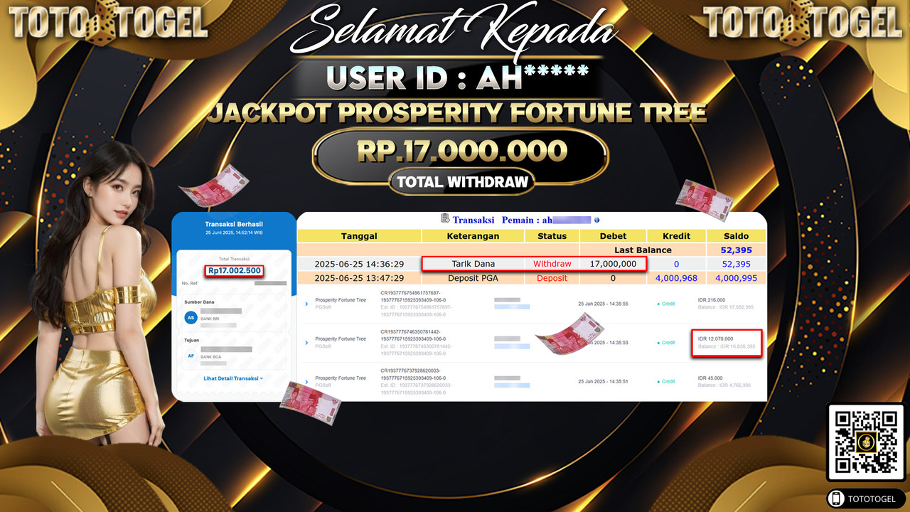 Bukti Pembayaran Jackpot Permainan Slot Prosperity Fortune Tree ID:AH***** LUNAS