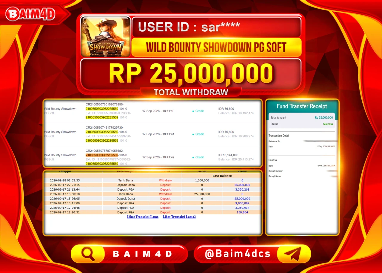 BAIM4D JACKPOT SLOT WILD BOUNTY SHOWDOWN Rp.25,000,000 - LUNAS