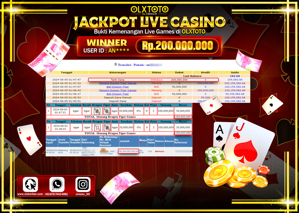 OLXTOTO JACKPOT lIVE GAMES DRAGON TIGER GAMES  Rp.200.000.000.,- LUNAS