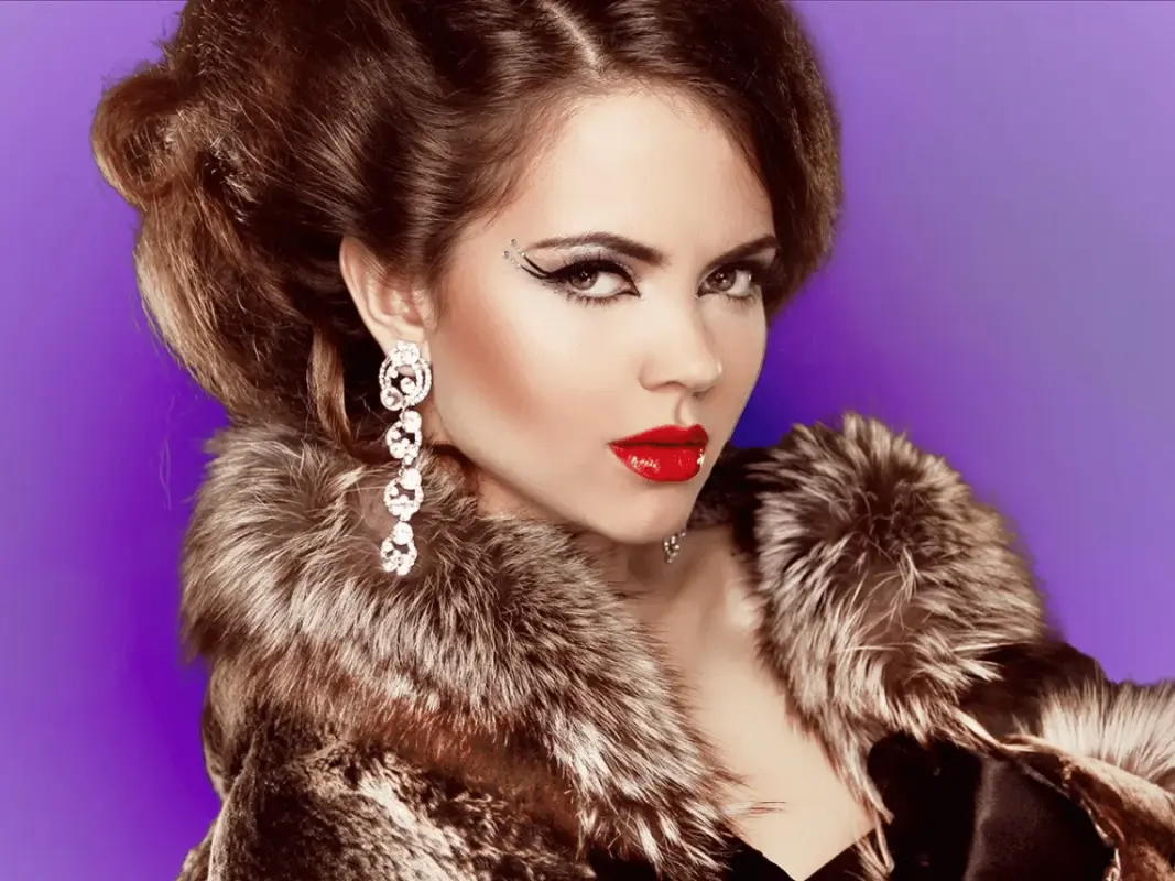 Vintage mob wife aesthetic_ red lips, fur coat, and voluminous hair