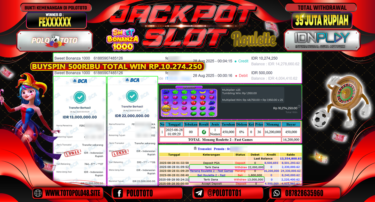 POLOTOTO JACKPOT SLOT SWEET BONANZA 1000 DAN MENANG ROULETTE 2 - FAST GAMES Rp.35.000.000,- LUNAS