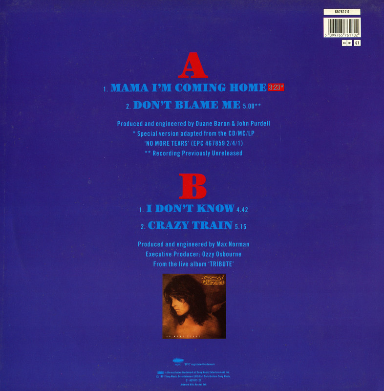 Ozzy Osbourne - Mama I'm Coming Home (UK & EU) (12-inch)-Back