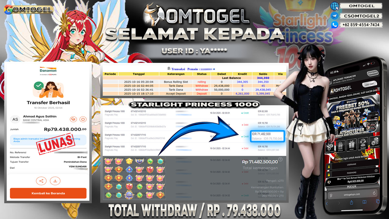 OMTOGEL JACKPOT PRAGMATIC PLAY STARLIGHT PRINCESS 1000 79 JUTA DI BAYAR LUNAS ,-