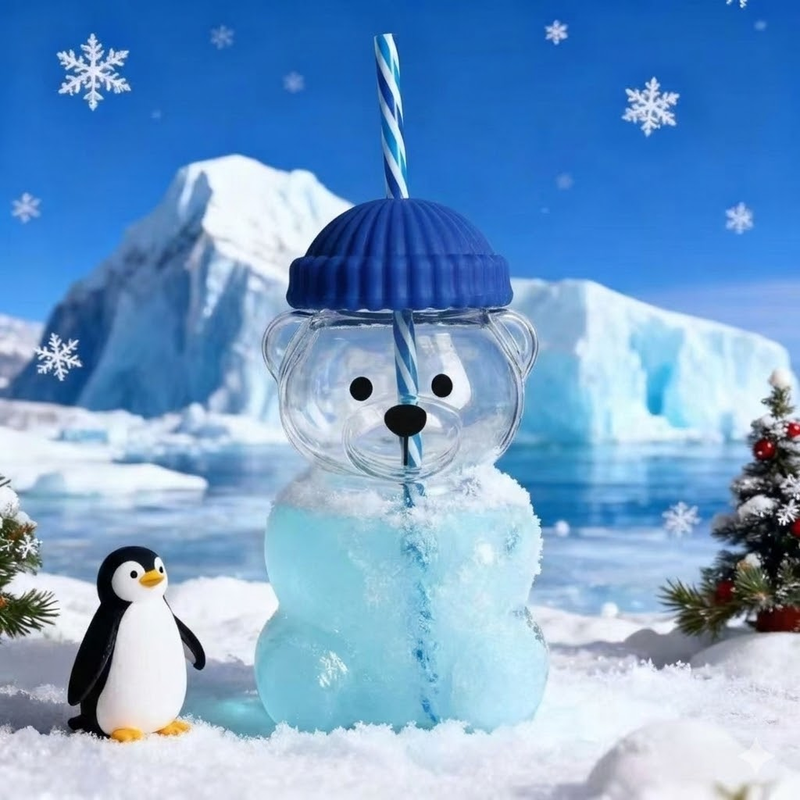 Creative Bear Shape Glass Water Bottle with Straw Cute Cartoon Coffee Cup and Cold Drink Tumbler – Blue Hat Bear Edition