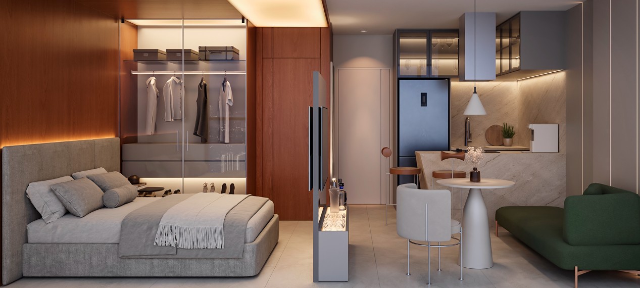 Studio decorado com planta otimizada no UNIC Ilvo Meirelles