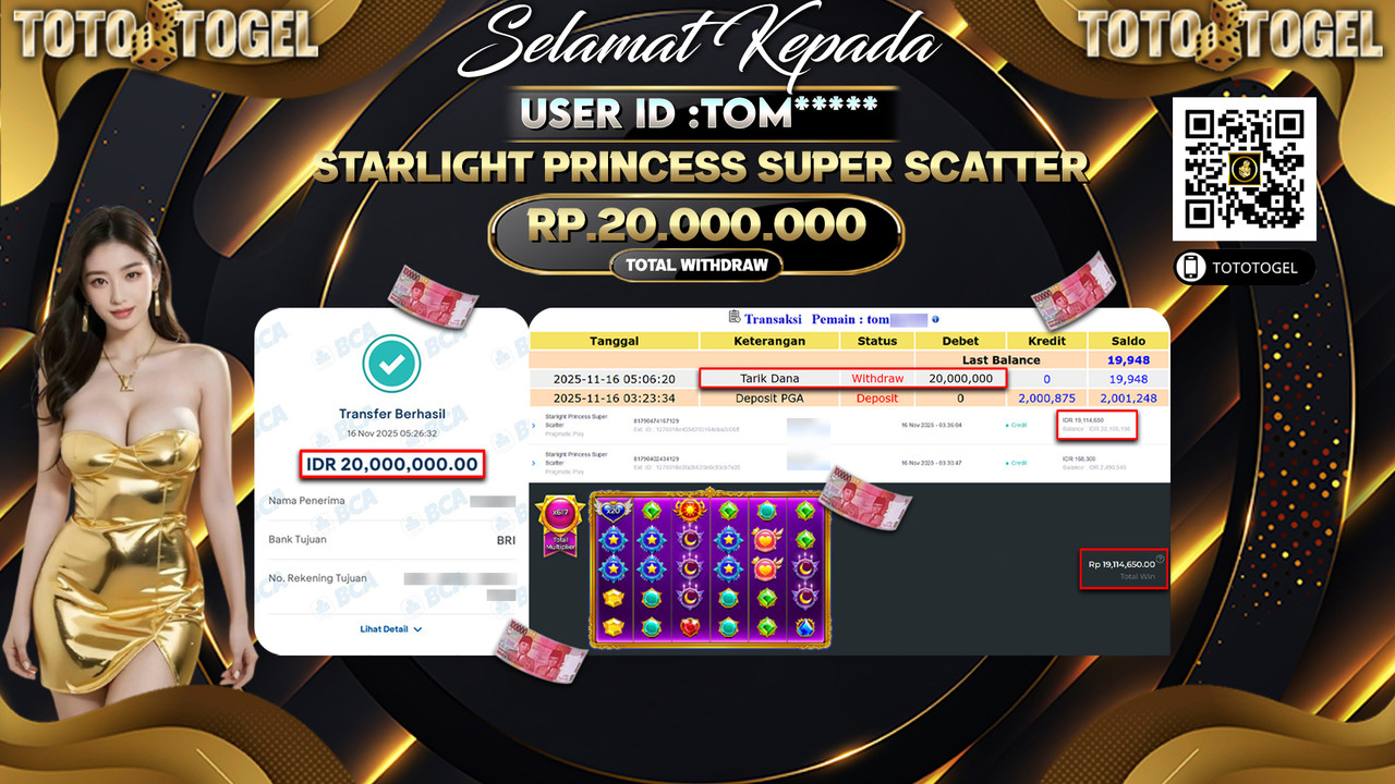 Bukti Pembayaran Jackpot Permainan Slot Starlight Princess Super Scatter ID:TOM***** LUNAS