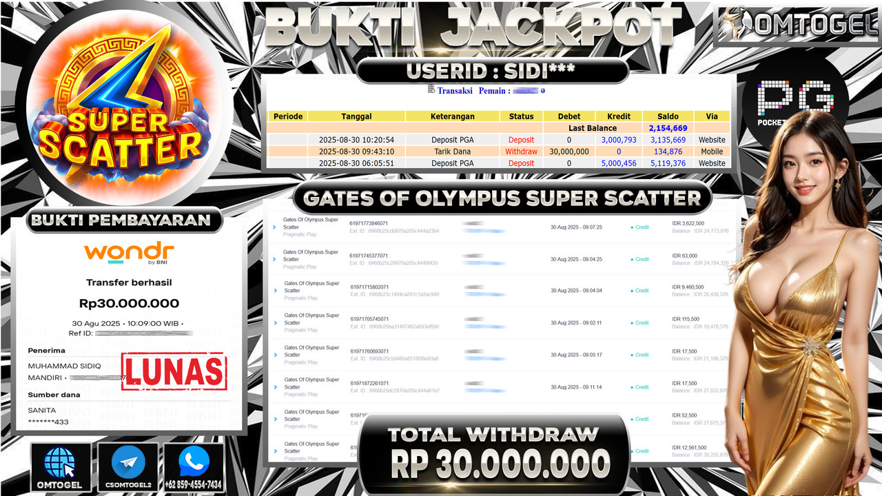 OMTOGEL JACKPOT PRAGMATIC PLAY GATES OF OLYMPUS SUPER SCATTER 30 JUTA DI BAYAR LUNAS ,-