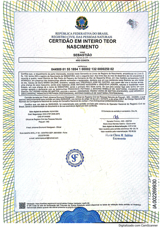 Certidao nascimento Sebastiao