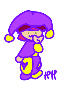 Masaru Takahara in a bright purple and yellow jester outfit