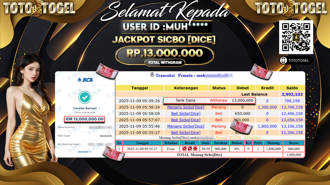 Bukti Pembayaran Jackpot Permainan Live Games Sicbo [Dice} ID:MUH**** LUNAS
