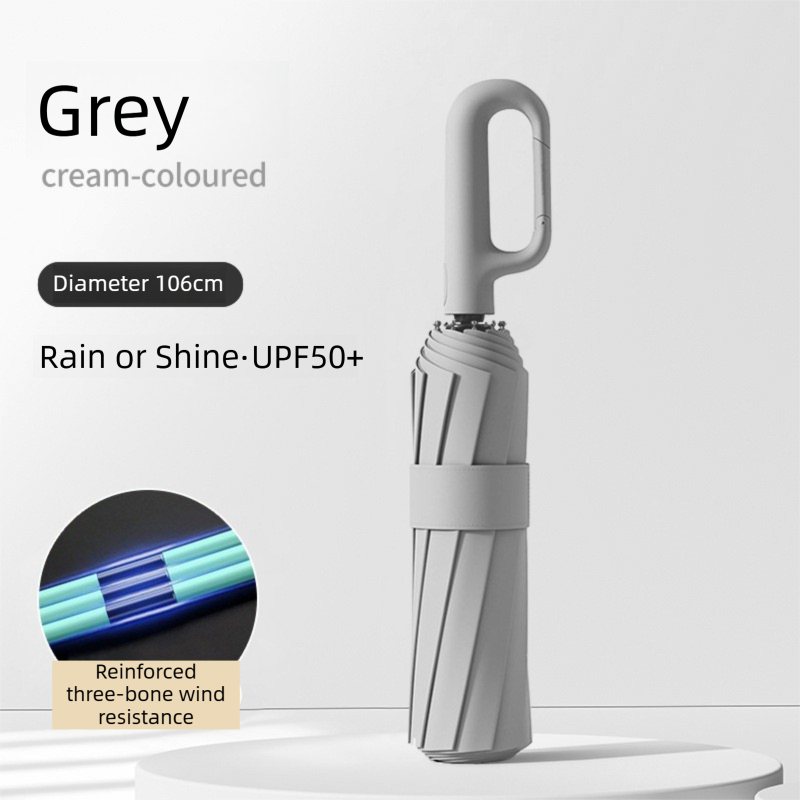 Grey Heavy Duty Fully Automatic Carabiner Umbrella with Integrated Hook Handle (Diameter 106CM) - Ultra Windproof and UV Protective Sun & Rain Umbrella