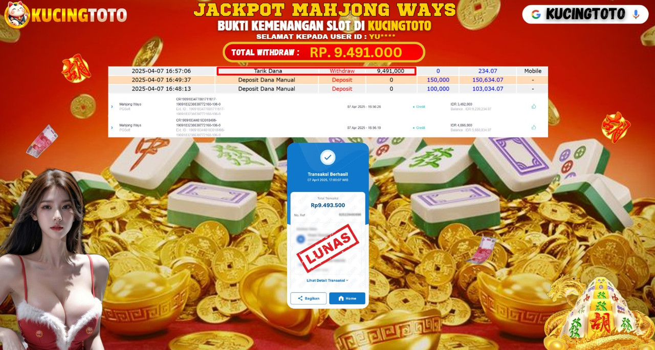 KUCINGTOTO JACKPOT SLOT MAHJONG WAYS RP.9.491.000.,- LUNAS