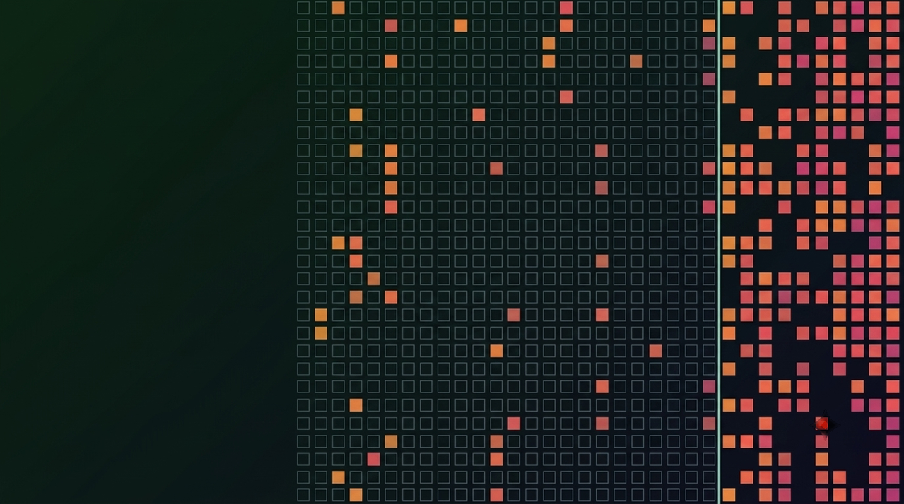 A grid of mostly hollow squares with a scattered third filled in saturated colour, and a divider past which only the filled squares continue